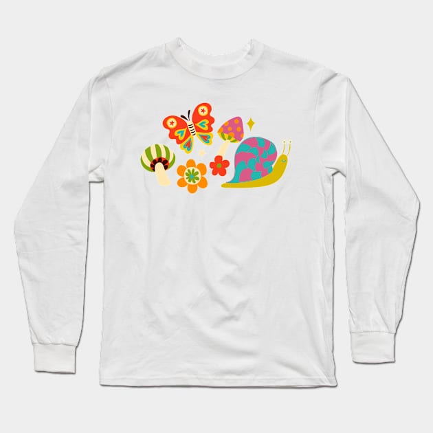 Happy snail and butterfly by Cecca Designs - 70s retro brights Long Sleeve T-Shirt by Cecca